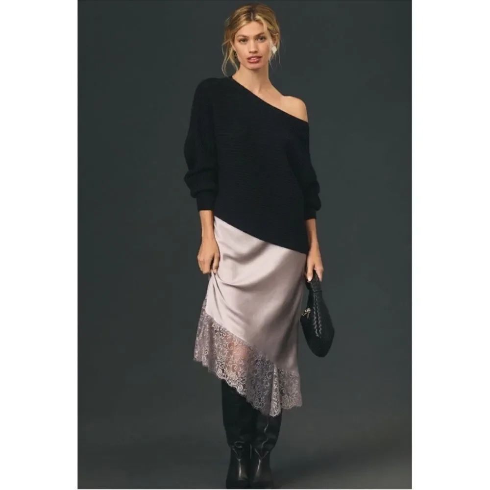 By Anthropologie Asymmetrical Black Cropped Pullover Sweater